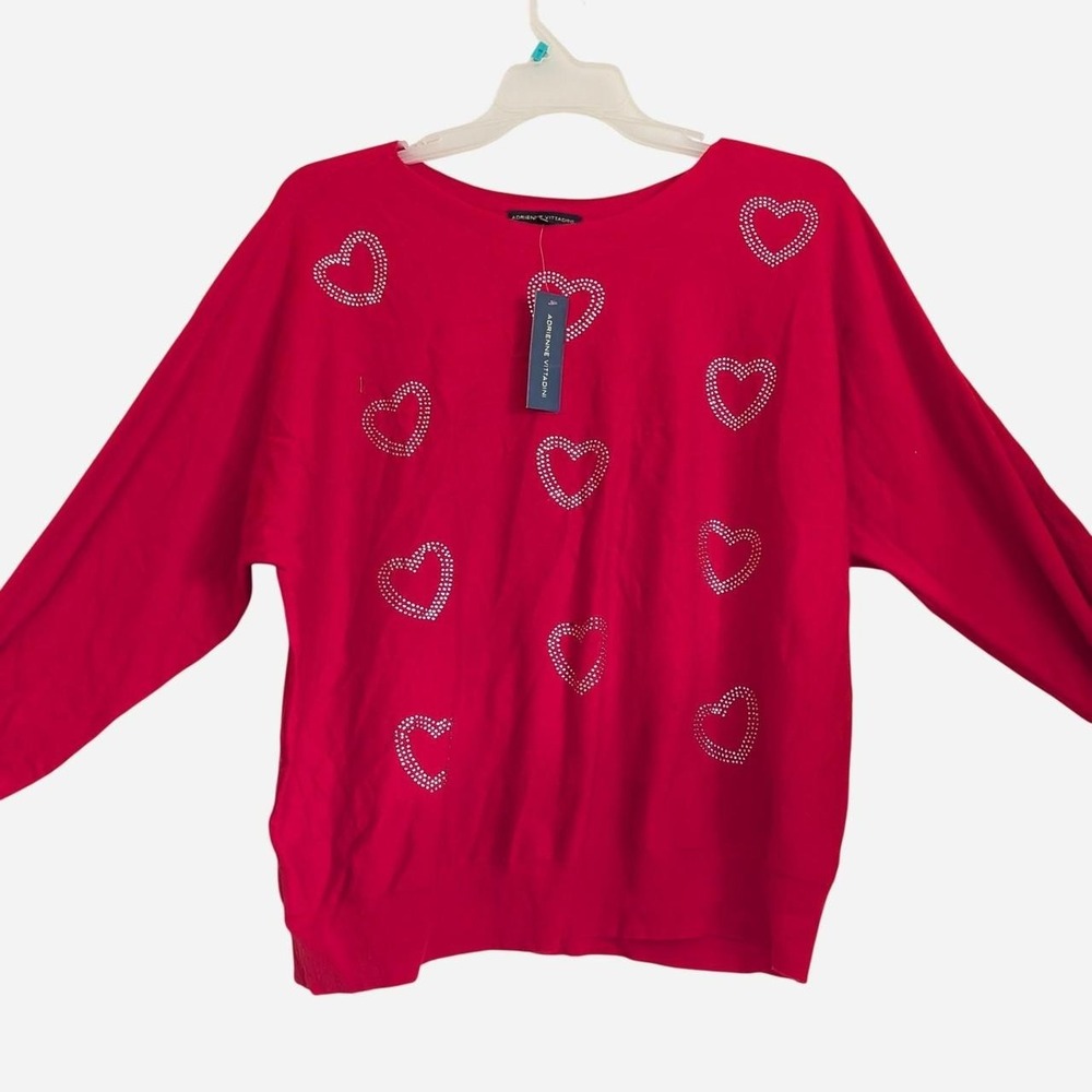 NEW Adrienne Vittadini red sweater with white heart rhinestones